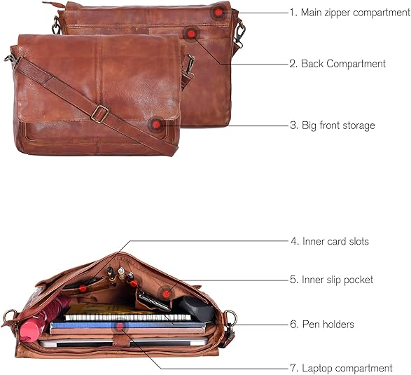 Leather Messenger Bag for Men and Women，Cognac