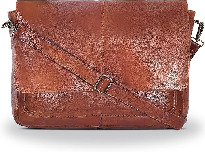 Leather Messenger Bag for Men and Women，Cognac